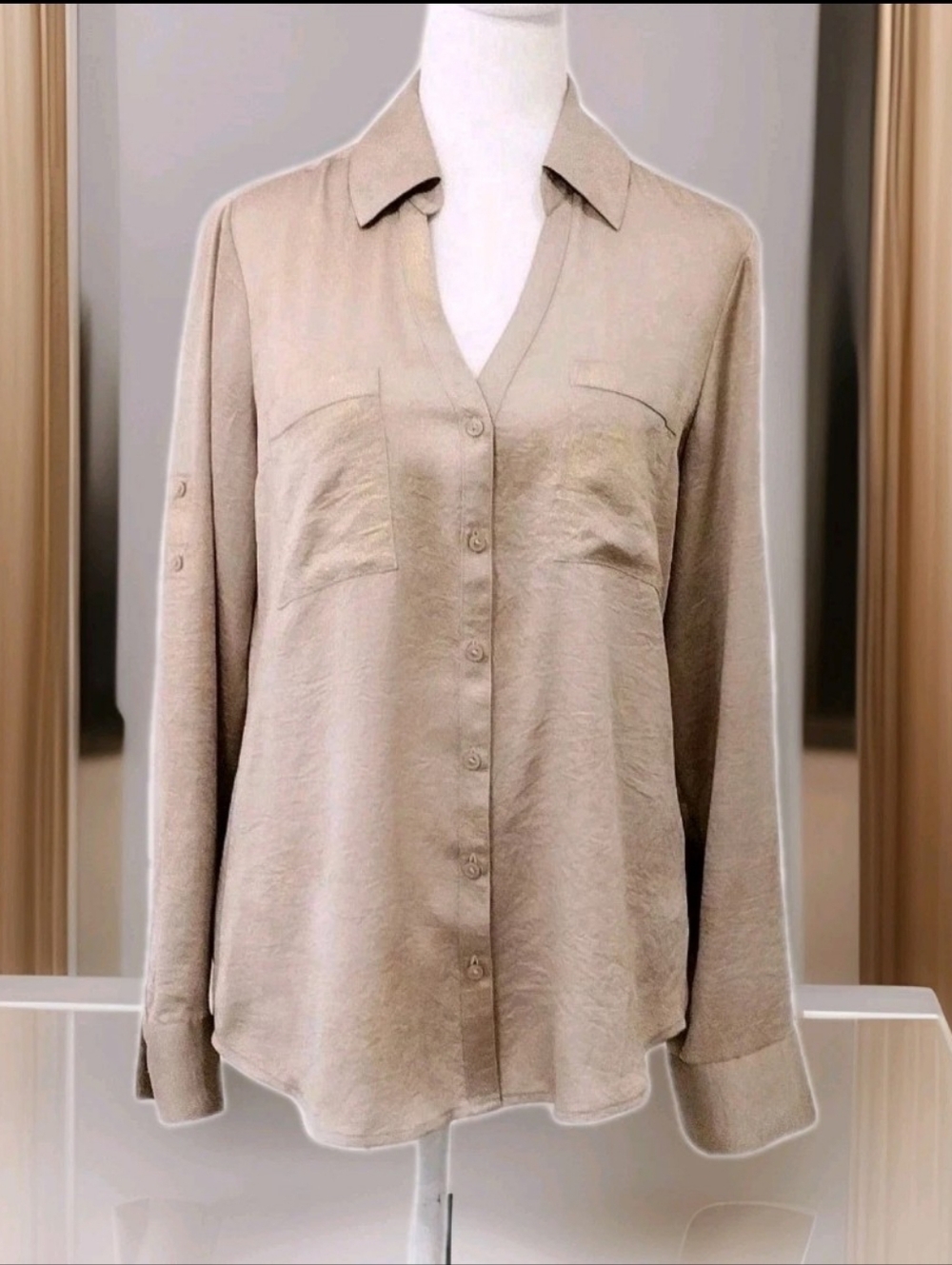 Express Taupe Metallic Gold Button-Front V-Neck Shirt
